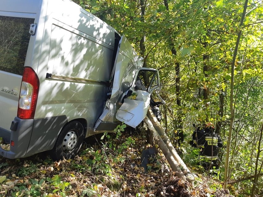 Wypadek na drodze Muszyna – Leluchów. Samochód dostawczy uderzył w barierę energochłonną. Jedna osoba poszkodowana [ZDJĘCIA]