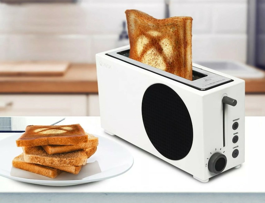 Toster w stylu Xbox Series S i tosty z logo Xbox.