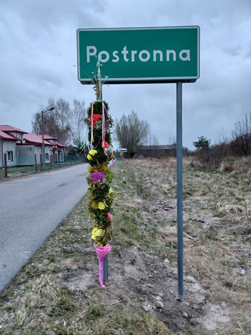 Piękna palma wielkanocna wita wjeżdżających do Postronnej w gminie Koprzywnica. Czyje to dzieło?