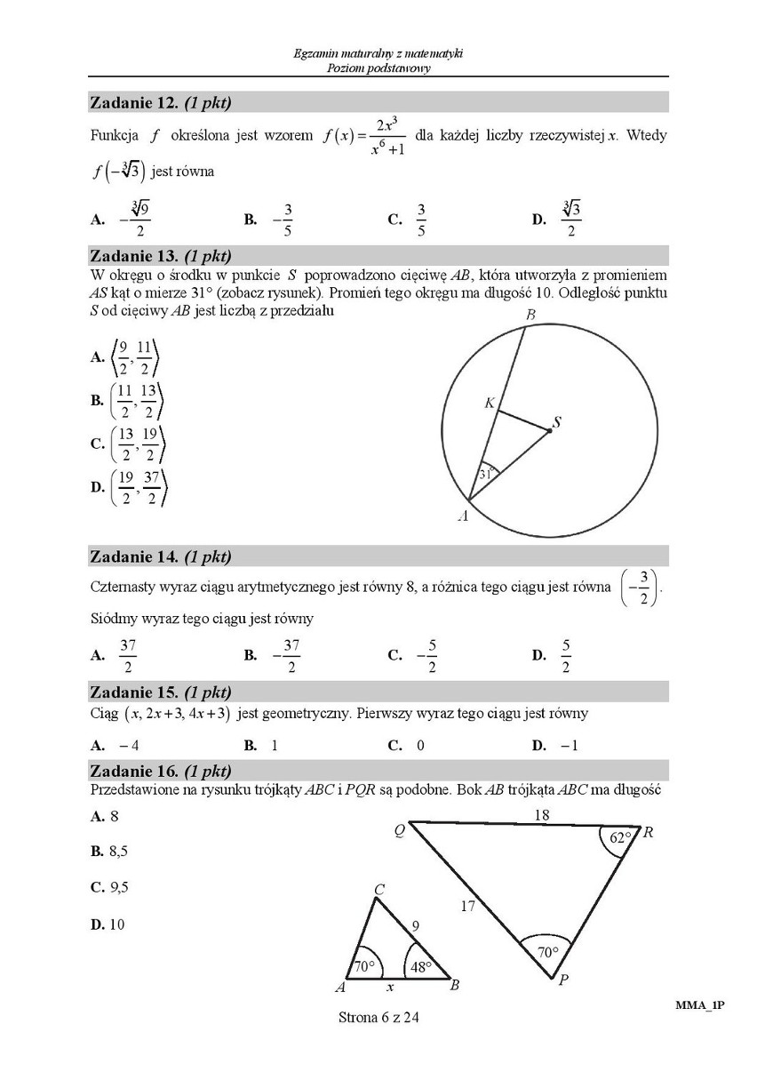 Stara matura 2016: Matematyka poziom podstawowy [ODPOWIEDZI,...