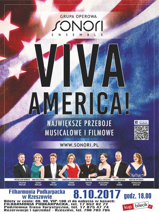 Już w niedzielę, 8 października o godz. 18 w Filharmonii Podkarpackiej, przy ul. Chopina 30 w Rzeszowie odbędzie się koncert grupy Operowej SONORI Ensemble pt. VIVA AMERICA! Największe przeboje musicalu i muzyki filmowej