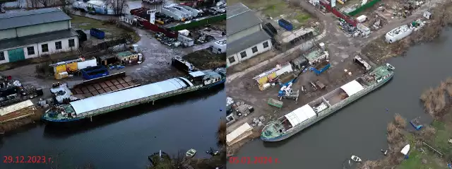 Na zdjęciu z 29 grudnia 2023 r.  (po lewej) widać pociętą do połowy barkę, a na drugim zdjęciu z 5 stycznia 2024 r. barka została już pocięta