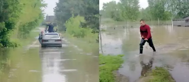 Godzina 14:43. Odcięta wieś Gniazdków koło Chotczy. Woda przelała się przez drogę do miejscowości. Wdziera się też do gospodarstw.