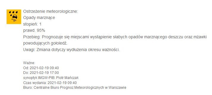 Uwaga na marznące opady deszczu! IMGW wydaje ostrzeżenie meteorologiczne I stopnia dla województwa pomorskiego na piątek 19 lutego 2021 r.