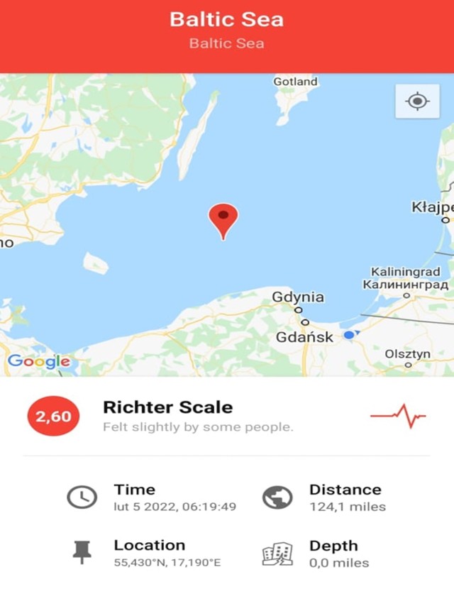 Niedawne trzęsienie ziemi na dnie Bałtyku odnotowała aplikacja Recent Earthquakes