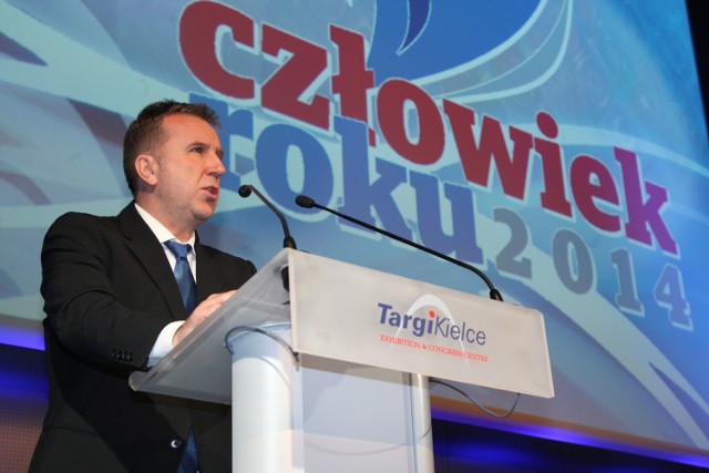 Michał Sołowow podczas wystąpienia na gali Człowiek Roku 2014.