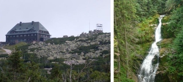 Schronisko na szczycie (zdjęcie z lewej) oraz wodospad...