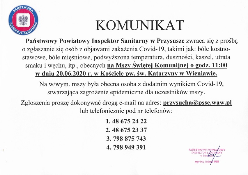 Koronawirus na Pierwszej Komunii Świętej w Wieniawie! Sanepid w Przysusze pilnie poszukuje uczestników mszy