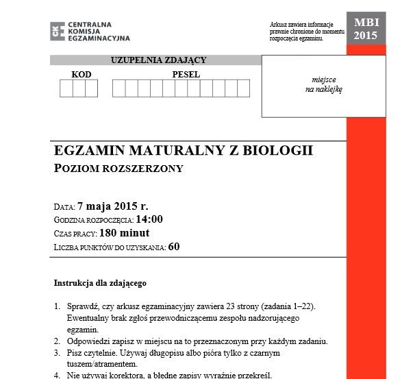 Matura 2015 BIOLOGIA - STARA MATURA (TECHNIKUM) - ARKUSZ CKE (WERSJA C) - ODPOWIEDZI