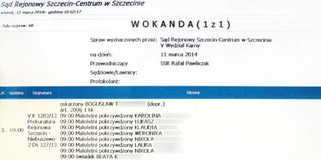 Tak wczoraj wyglądała wokanda w procesie o molestowanie nieletnich. Pod nazwiskiem oskarżonego umieszczono nazwiska pokrzywdzonych dzieci w wieku do 14 lat (na zdjęciu nazwiska zamazaliśmy). Prawidłowo na wokandzie nie powinny być nazwiska opiekunów dzieci.