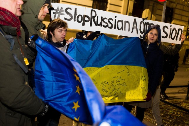 Na zdjęciu: ukraińska demonstracja przeciw wojnie zorganizowana w Krakowie.