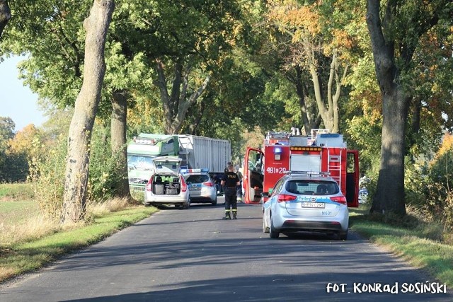 Śmiertelny wypadek w Brzózkach 10.10.2018. Kierujący peugeotem, 39-letni mieszkaniec Nowego Stawu, z niewiadomych przyczyn zjechał na przeciwległy pas ruchu i zderzył się z ciężarówką