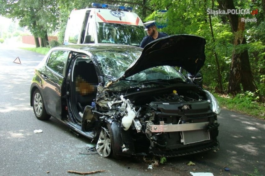 Wypadek w Rybniku na Krzywoustego. Peugeot uderzył w drzewo