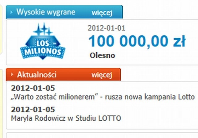 Informacja na stronie Lotto o wygranej w Oleśnie