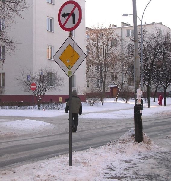 Przy ulicy Moniuszki w Tarnobrzegu, w miejscu, gdzie znajduje się przejście poziome dla pieszych, brakuje znaku pionowego. Znak znajduje się kilkanaście metrów dalej, przy drugim przejściu.