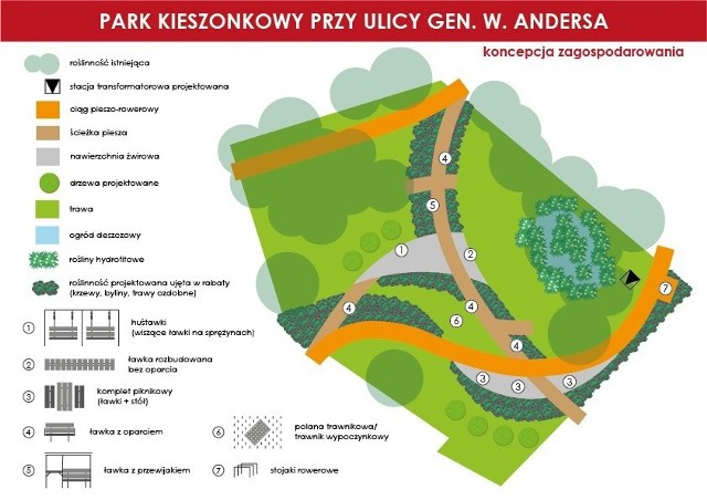 Park kieszonkowy przy ulicy Gen. Wł. Andersa powstanie na niezagospodarowanych działkach gminnych w sąsiedztwie wielorodzinnej zabudowy mieszkaniowej. Cały park będzie zajmował powierzchnię niespełna pół hektara (0,374 ha).