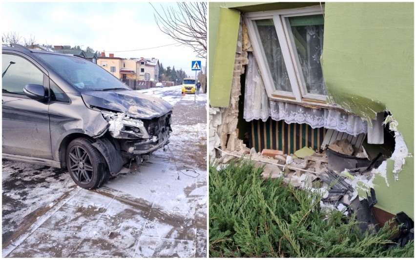 Wypadek we Włocławku. Mercedes uderzył w budynek mieszkalny....