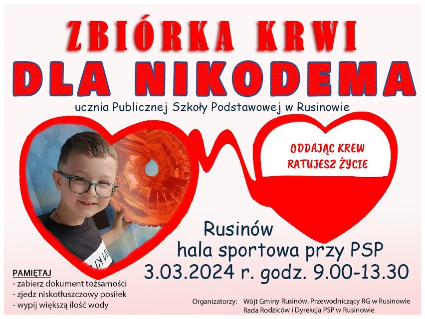 W niedzielę 3 marca w Rusinowie odbędzie się zbiórka krwi na rzecz chorego chłopca, Nikodema