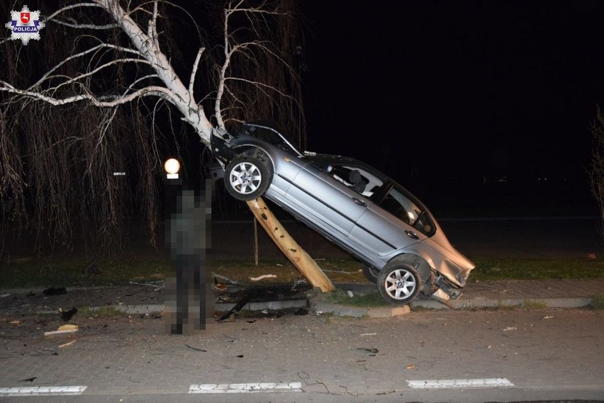 Wypadek w Janowie Lubelskim. Kierowca BMW wylądował samochodem na drzewie