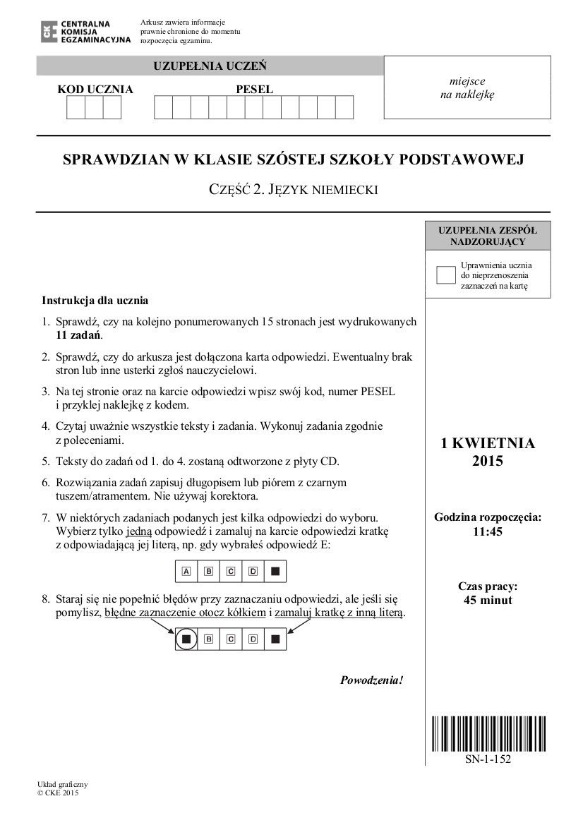 Sprawdzian szóstoklasisty 2015. NIEMIECKI [ARKUSZE, ODPOWIEDZI