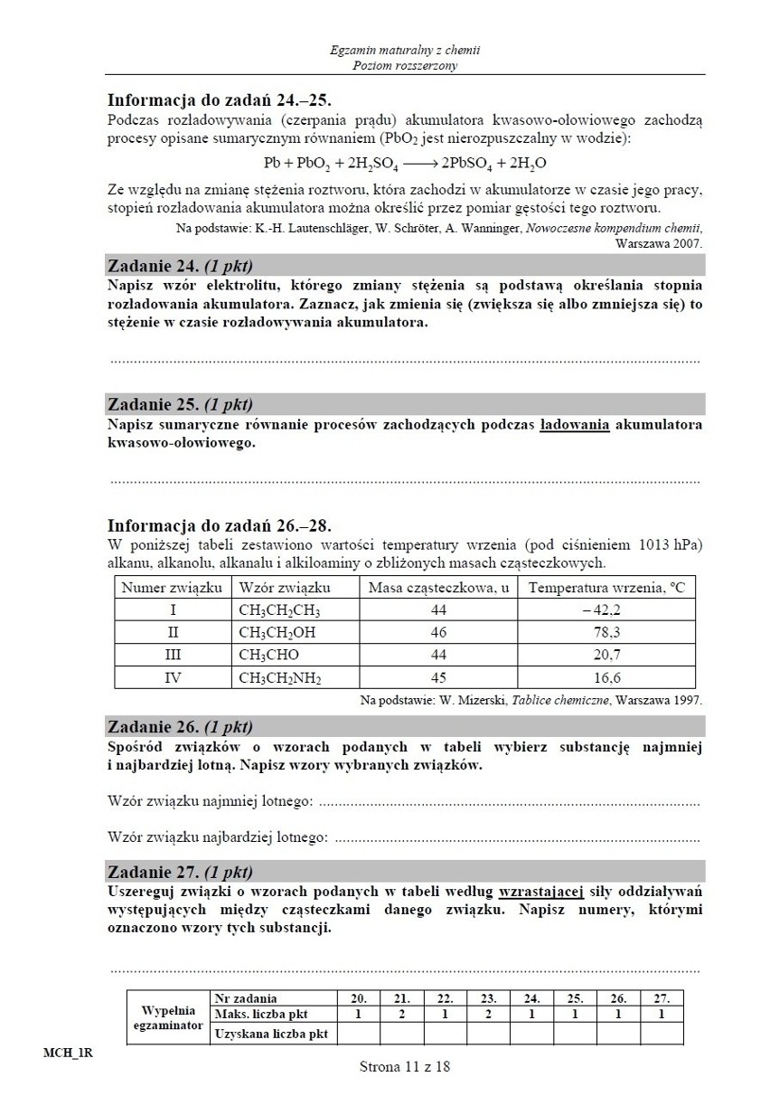 Matura 2015 chemia dla technikum - stara matura, poziom rozszerzony ARKUSZ CKE, ODPOWIEDZI