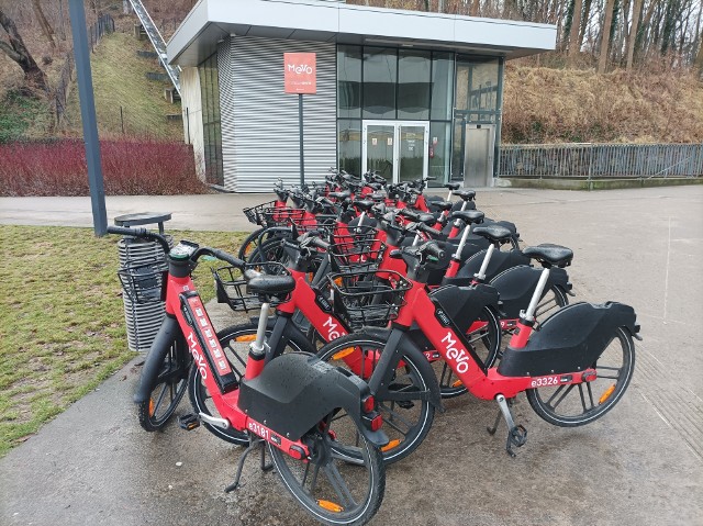 Kilkanaście rowerów na stacji przy placu Grunwaldzkim w centrum Gdyni.