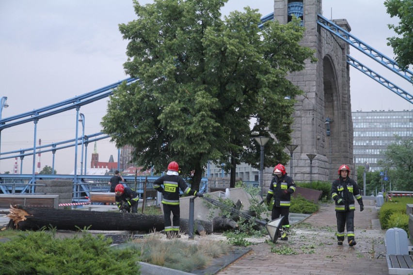 Deszcz i wiatr we Wrocławiu. Tynk odpada z budynków, drzewo runęło na fontannę [ZDJĘCIA]