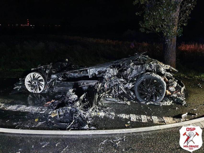 Pożar samochodu osobowego w Zajączkowie na DK91. Hybryda BMW spłonęła doszczętnie [zdjęcia]