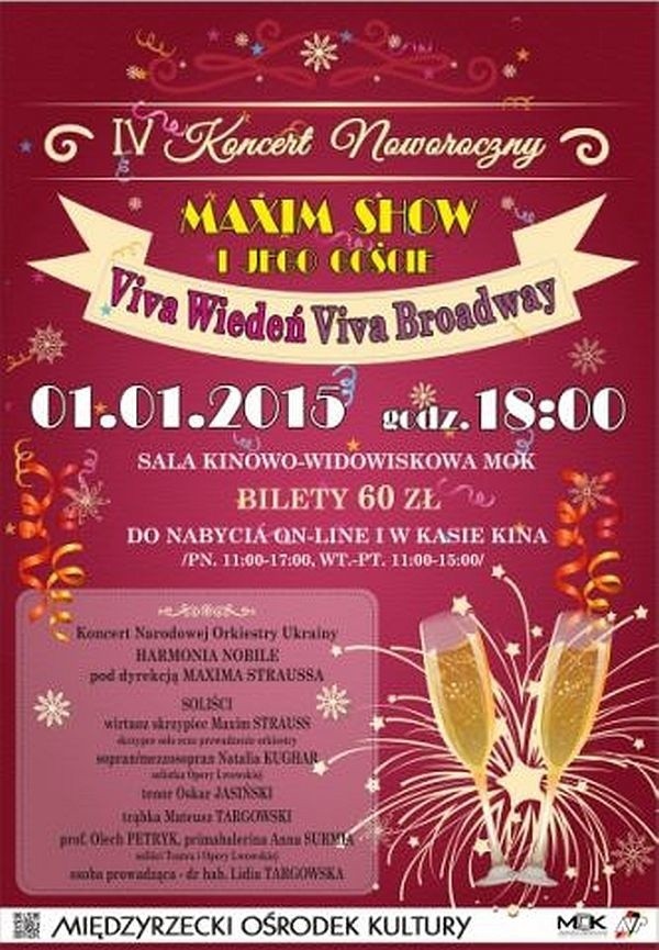 W czwartek, 1 stycznia, w Międzyrzeckim Ośrodku Kultury odbędzie się  IV Koncert Noworoczny "Viva Wiedeń, Viva Broadway - Maxim Show i jego goście&#8221;. 