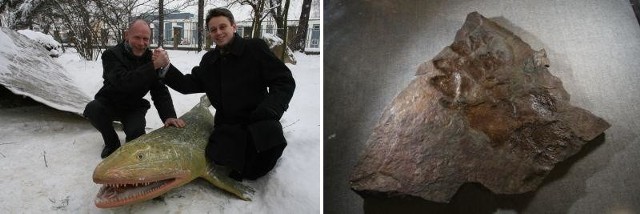 Czy sympatyczny zwierz otrzyma imię złonozaur na cześć Zbyszka Złonkiewicza, który pierwszy uwierzył w tropy? Na zdjęciu z lewej wraz z Piotrem Szrekiem. (z lewej). Najcenniejszy, największy odcisk tetropoda, niestety, nie zostanie u nas. (z prawej).
