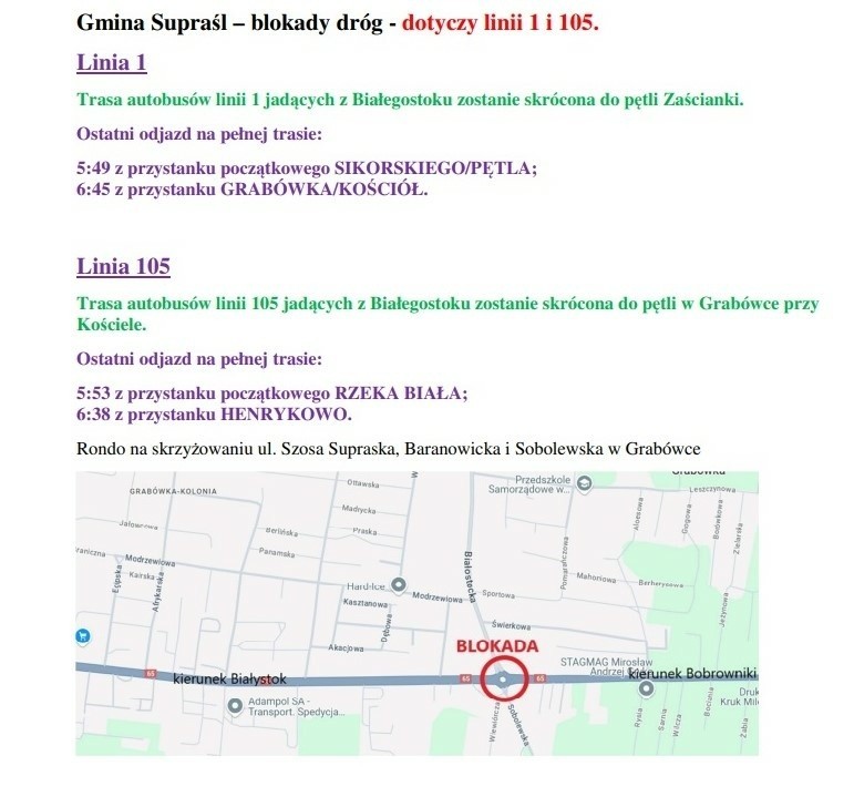 Gmina Supraśl – blokady dróg - dotyczy linii 1 i 105....
