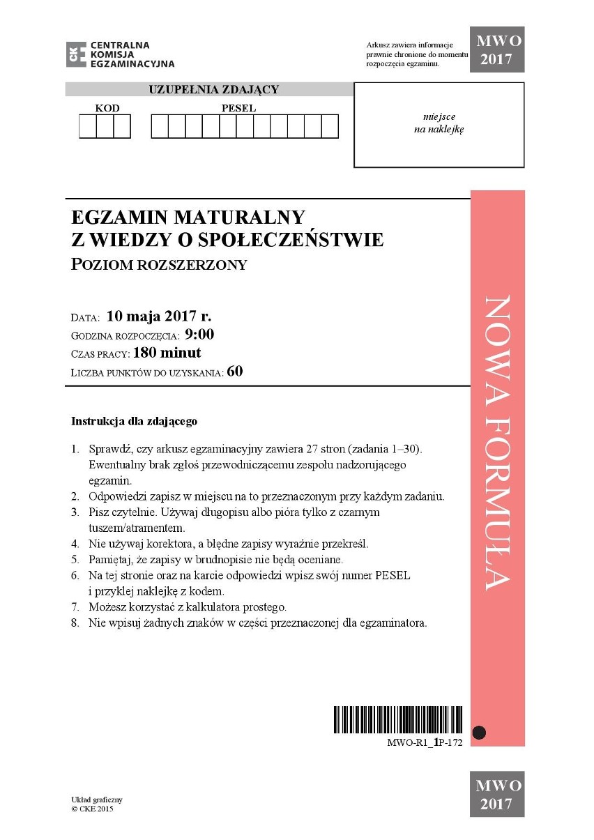 Matura 2017: 10 maja 2017 maturzyści piszą egzamin z WOS....