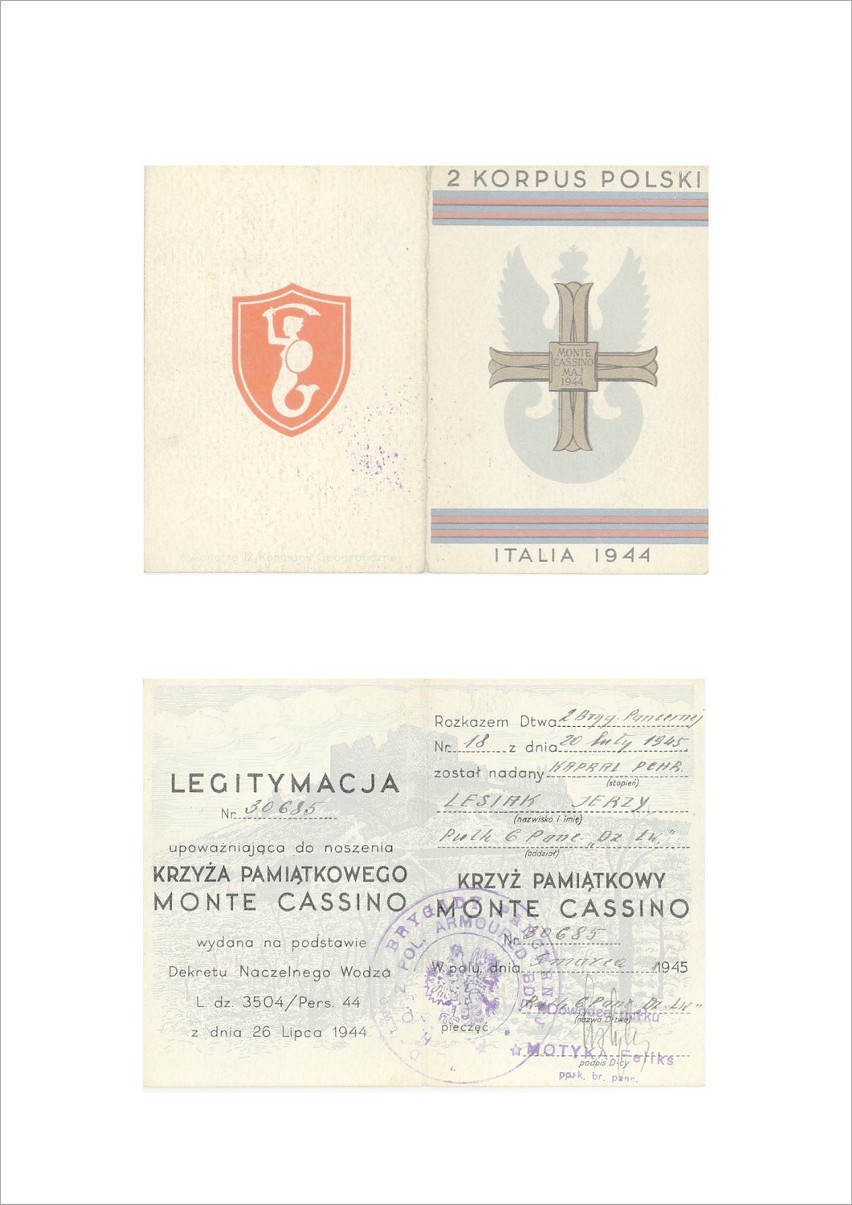 Legitymacja Krzyża Pamiątkowego Monte Cassino.