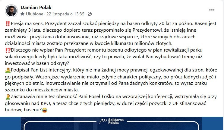 Skan z facebookowego profilu radnego Damiana Polaka...