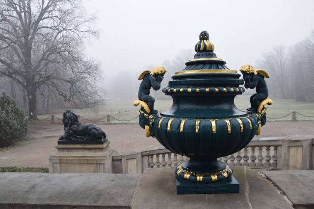 Pałacowy park pszczyński we mgle