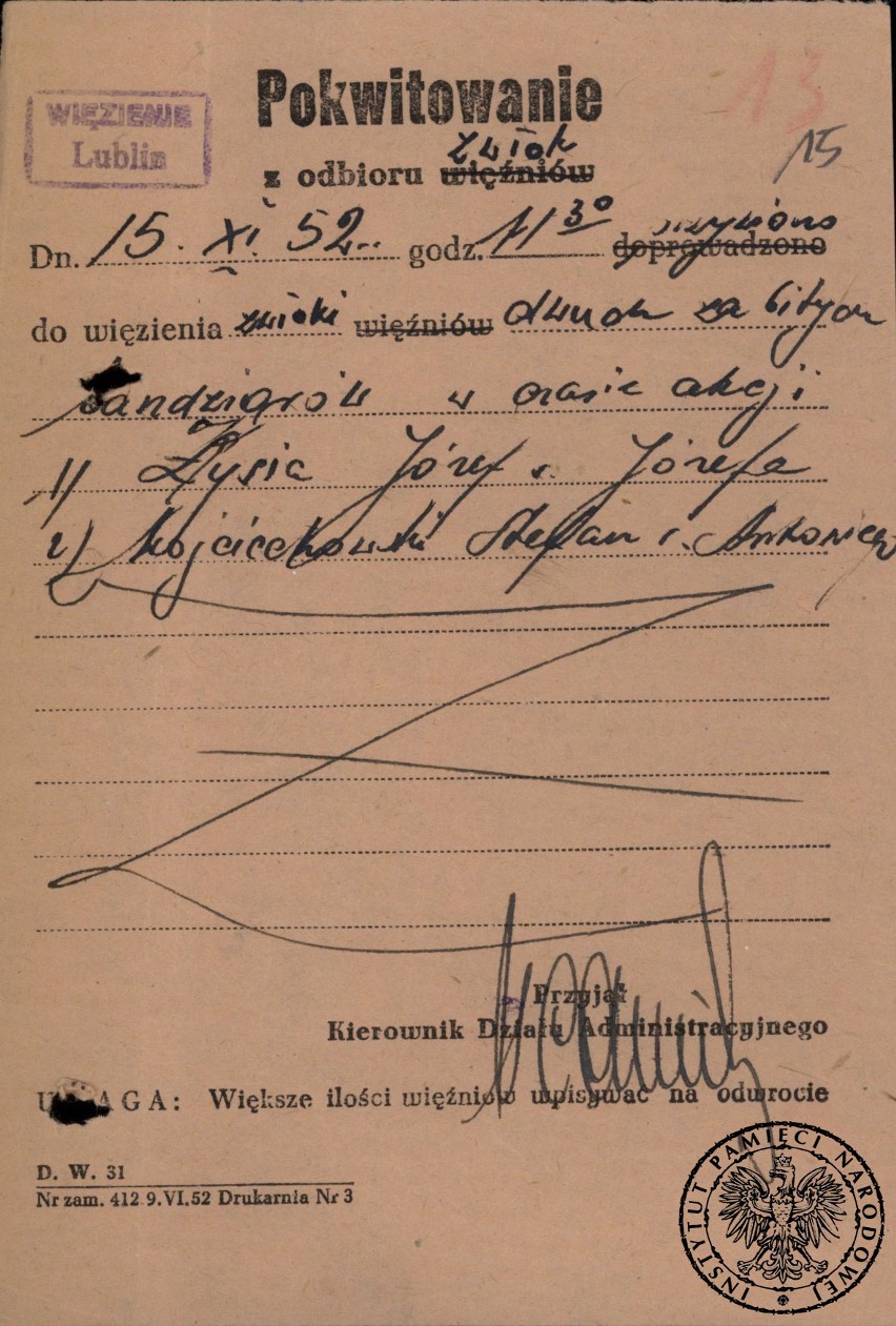 Pokwitowanie odbioru zwłok Józefa Kłysia „Rejonowego” i Stefana Wojciechowskiego „Mordki”, „Gałązki” z 15 listopada 1952 r., podpisane przez funkcjonariusza więzienia na Zamku w Lublinie.