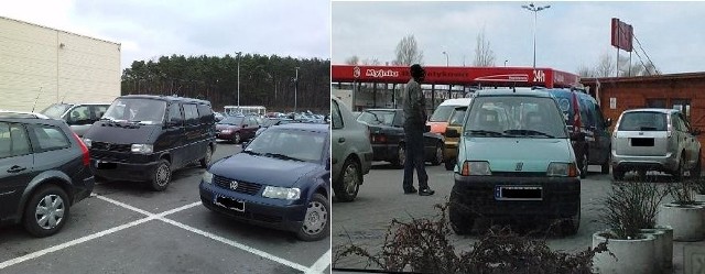 VW Transporter na parkingu Auchan i fiat cinquecento na parkingu Intermarche