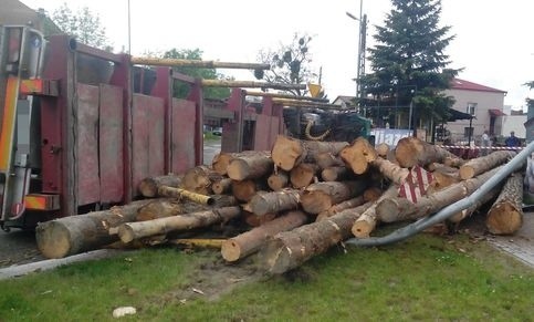 Na rondzie w Tomaszowie Lubelskim przewróciła się ciężarówka z balami drzewa