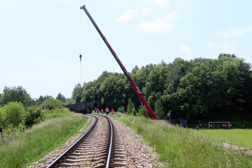 W niedzielę w Ciecierzynie w gm. Niemce wykoleił się pociąg towarowy. W poniedziałek usunięto wagony z torów. Zobacz zdjęcia