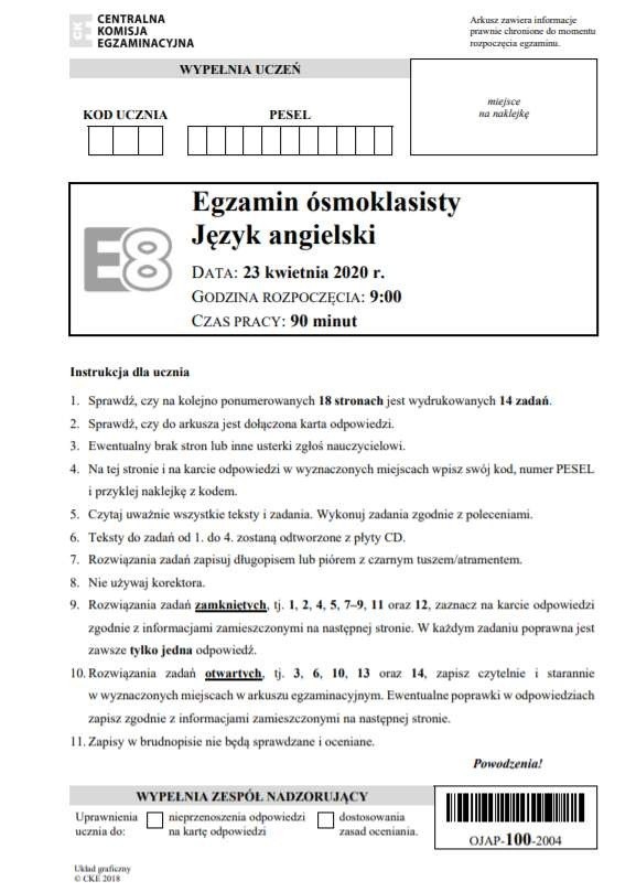 Egzamin ósmoklasisty 2020 - język angielski. Odpowiedzi i arkusze CKE