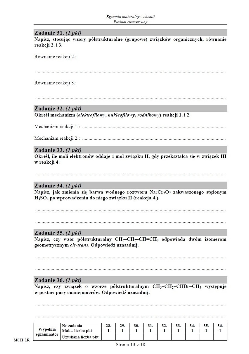 Matura 2015 chemia dla technikum - stara matura, poziom rozszerzony ARKUSZ CKE, ODPOWIEDZI