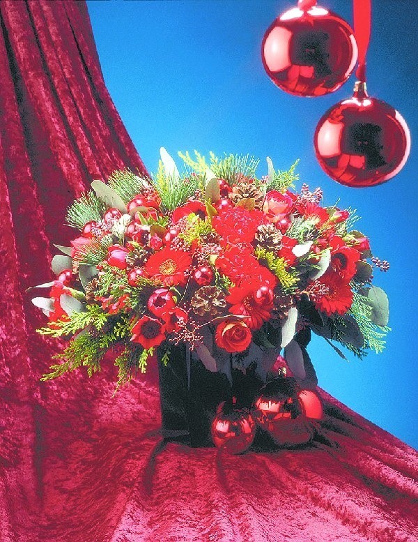Bogata kompozycja świąteczna, w której  wykorzystano czerwone anemony, róże, gerbery  i goździki. Świąteczny efekt podkreśla kalina,  bombki oraz szyszki nabite na druciki.