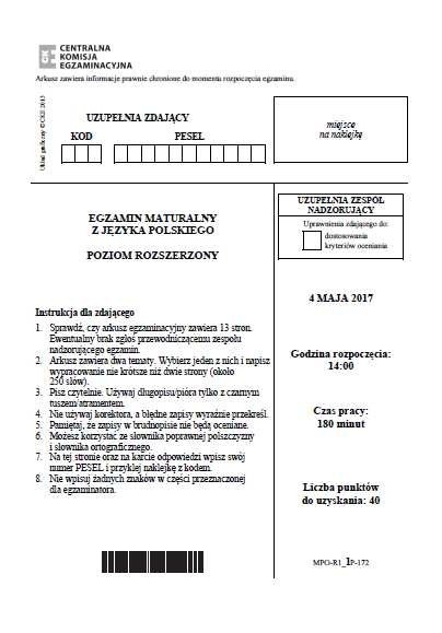 MATURA 2017 JĘZYK POLSKI ROZSZERZONY. Co było na maturze rozszerzonej z polskiego? ARKUSZE CKE