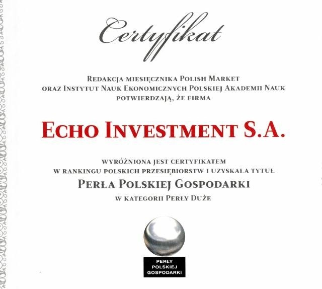 Perła Polskiej Gospodarki to kolejne wyróżnienie dla Echo Investment.