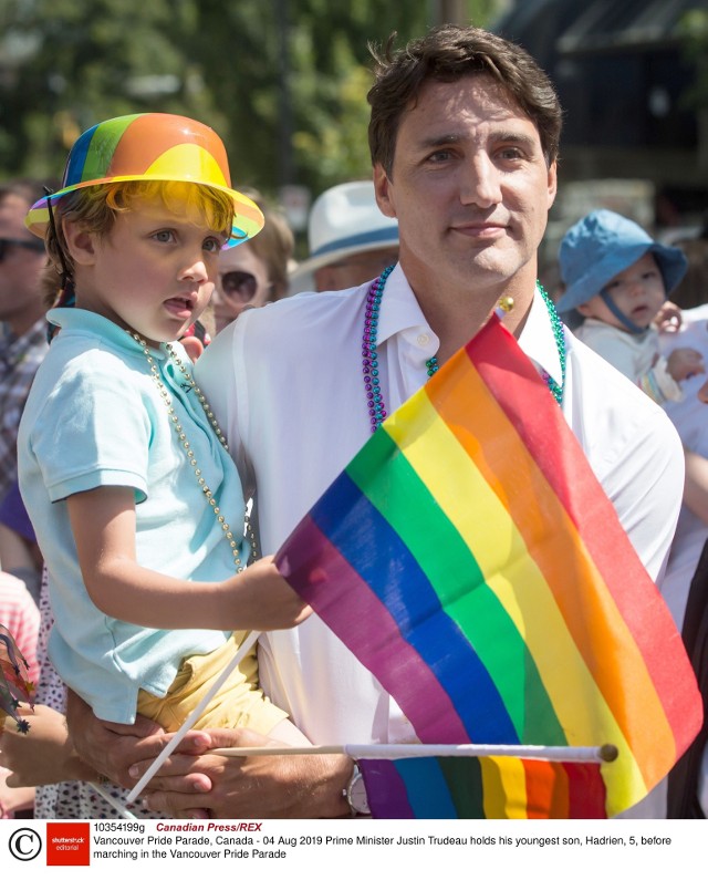 Premier Justin Trudeau ze swoim 5-letnim synem Hadrienem na paradzie równości w Vancouver 4 sierpnia 2019 r.