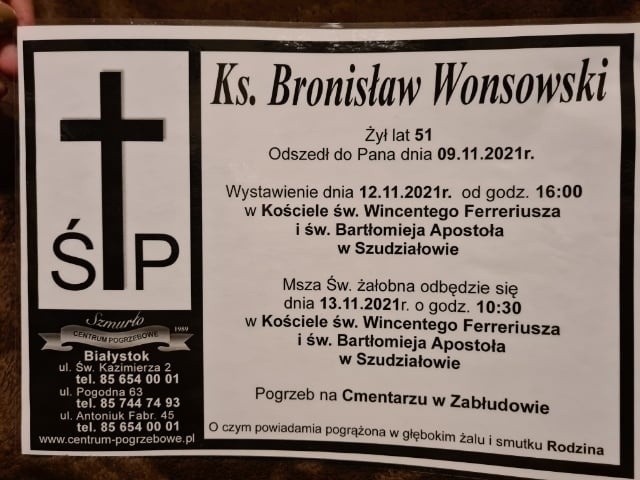 Nie żyje ks. Bronisław Wonsowski, proboszcz parafii pw. św. Wincentego Ferreriusza i św. Bartłomieja w Szudziałowie