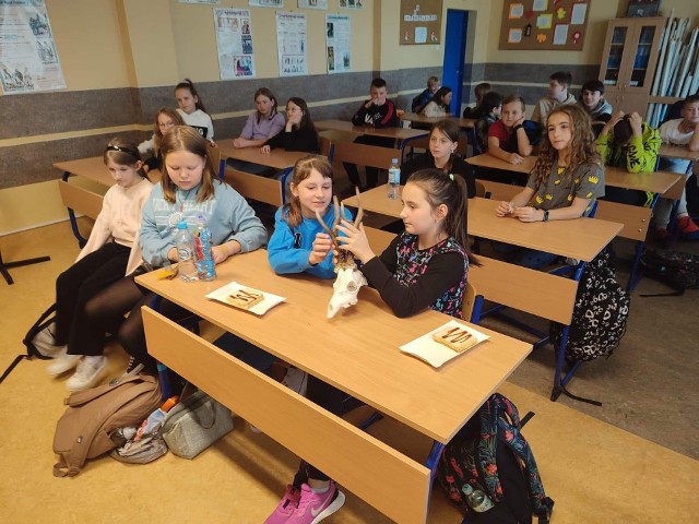 Podczas lekcji o lesie w szkole w Łącznej dzieci mogły między innymi obejrzeć poroże rogacza sarny.