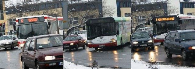 "Siedemnastka&#8221; chce jechać w lewo, osobowy prosto, ale już jest spychany. Autobus musi wysunąć się daleko, by skręcić. Potem jest spychanie czerwonego audi poza jego pas ruchu. Jednemu osobowemu udało się przemknąć, ale ten z tyłu nie ma szans.