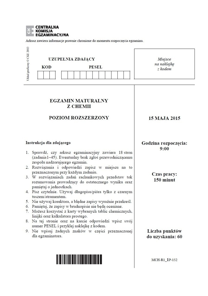 Matura 2015 chemia dla technikum - stara matura, poziom rozszerzony ARKUSZ CKE, ODPOWIEDZI