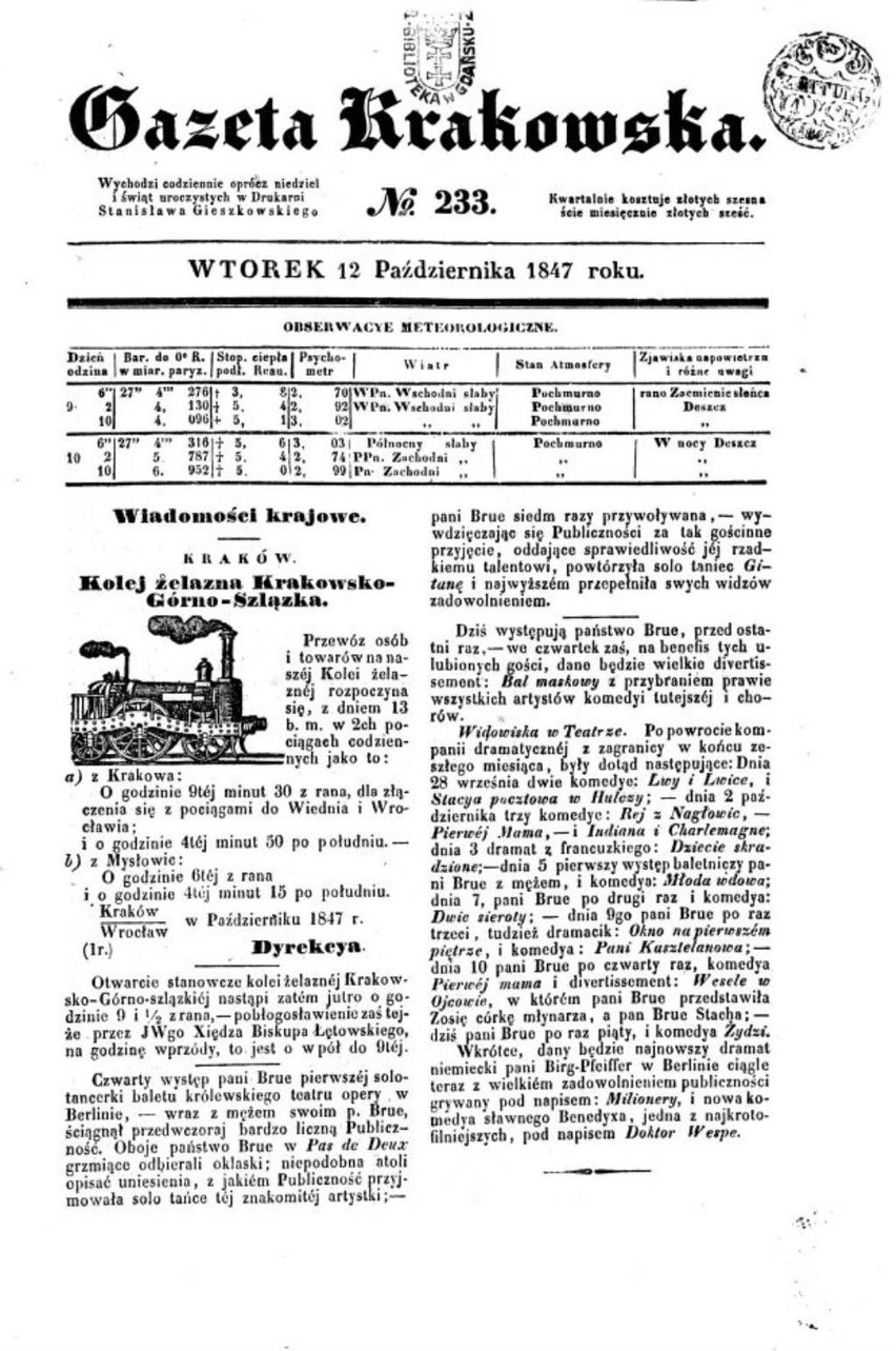 Kolejowy anons w "Gazecie Krakowskiej" z października 1847...